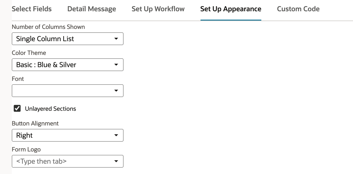 Set Up Appearance with Number of Columns Shown Single Column List, Color Theme Basic : Blue & Silver, Unlayered Sections checked and Button Alignment Right.