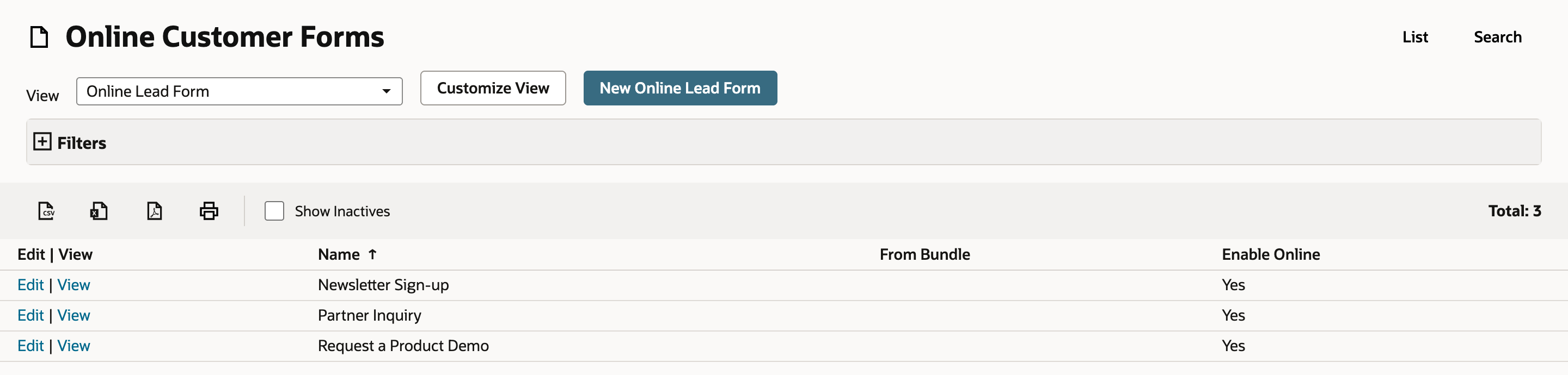 The Online Customer Forms list with Total: 3. Request a Product Demo is the new row, with Enable Online Yes.