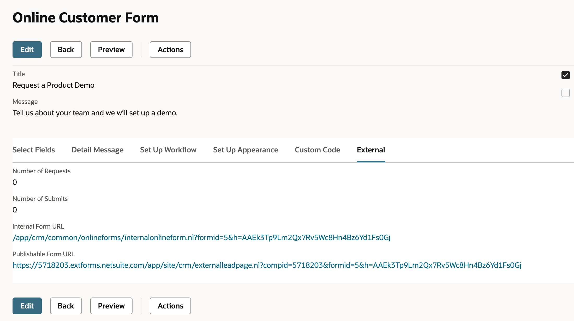 The saved Online Customer Form on its External subtab: Number of Requests 0, Number of Submits 0, the Internal Form URL starting /app/crm/common/onlineforms/, and the Publishable Form URL starting https://5718203.extforms.netsuite.com, with an arrow pointing to the Publishable Form URL.
