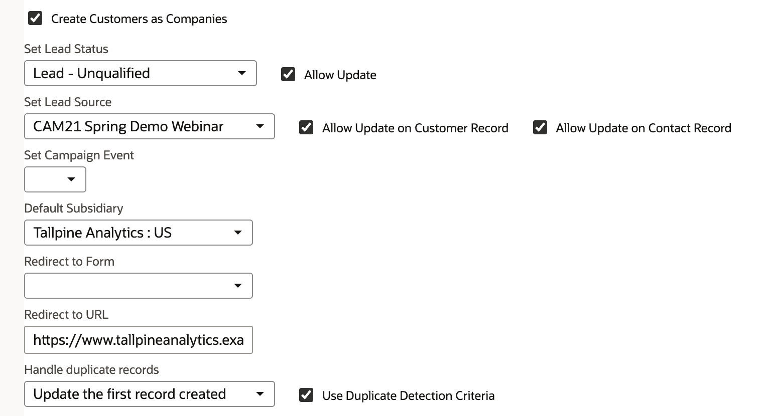 Set Up Workflow with Create Customers as Companies checked, Set Lead Status Lead - Unqualified, Set Lead Source CAM21 Spring Demo Webinar, Default Subsidiary Tallpine Analytics : US, Redirect to URL https://www.tallpineanalytics.example, Handle duplicate records Update the first record created, and Use Duplicate Detection Criteria checked.
