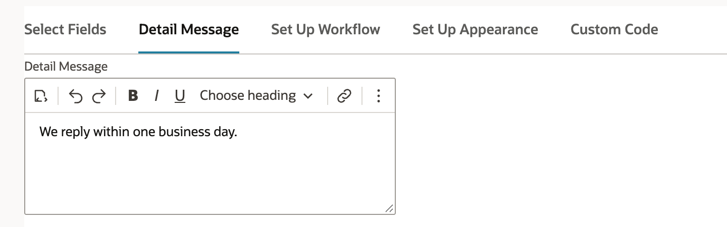 The Detail Message subtab with the text We reply within one business day.