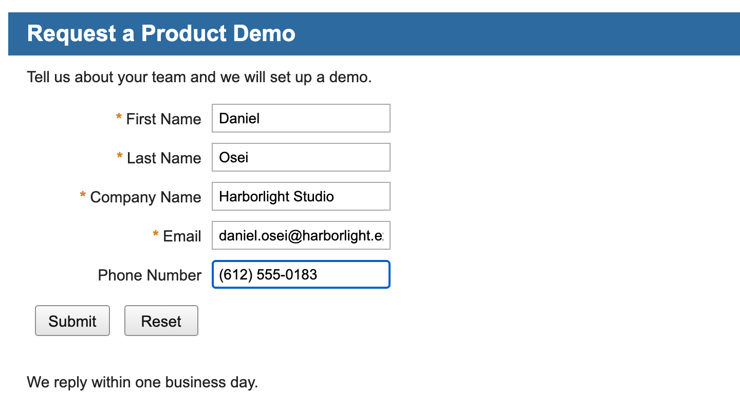 The public form filled in with First Name Daniel, Last Name Osei, Company Name Harborlight Studio, Email daniel.osei@harborlight.example and Phone Number (612) 555-0183.