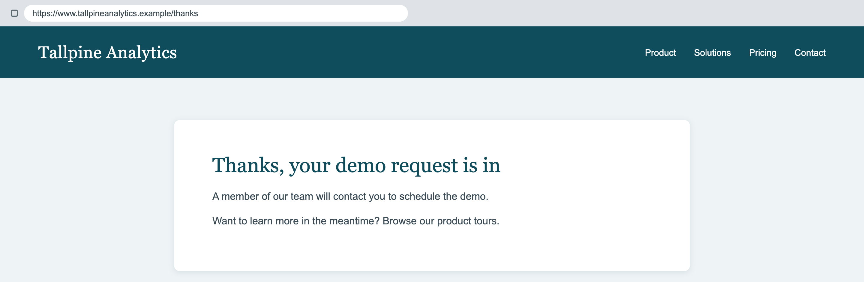 The Tallpine Analytics thank-you page at https://www.tallpineanalytics.example/thanks with the heading Thanks, your demo request is in.