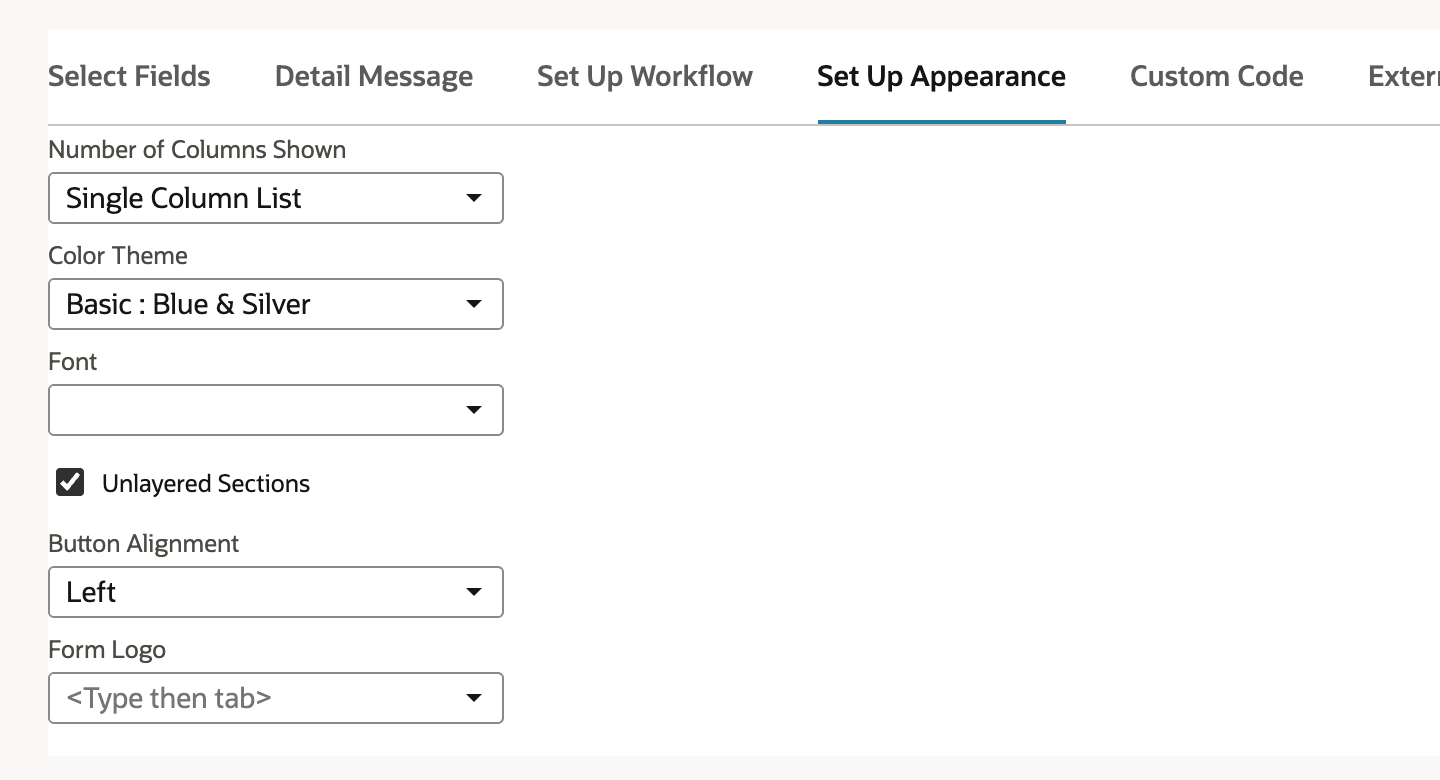 Set Up Appearance in edit mode with Color Theme Basic : Blue & Silver and Button Alignment Left.