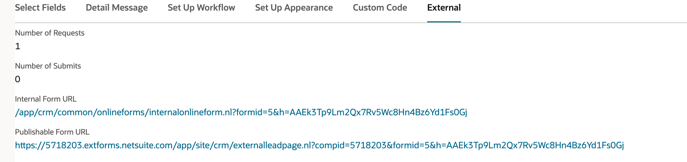 The External subtab with Number of Requests 1 and Number of Submits 0, followed by the Internal Form URL and Publishable Form URL.