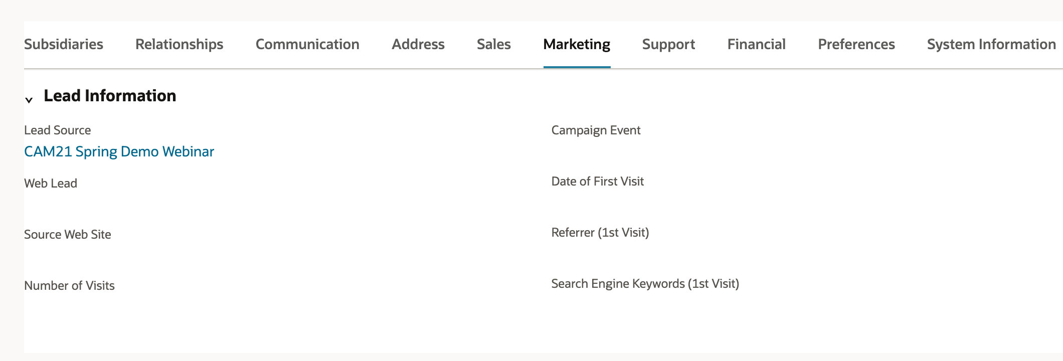 The lead's Marketing subtab, Lead Information section, with Lead Source CAM21 Spring Demo Webinar.