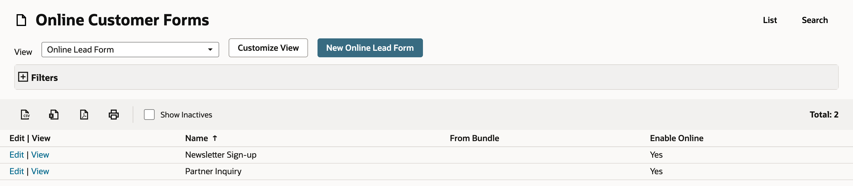 The Online Customer Forms list with Total: 2, showing Newsletter Sign-up and Partner Inquiry with Enable Online Yes, and the New Online Lead Form button.