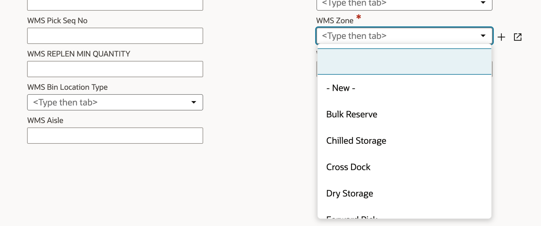 The WMS Zone list open on the New Bin form, listing Bulk Reserve, Chilled Storage, Cross Dock, Dry Storage, Forward Pick and Inbound Dock.