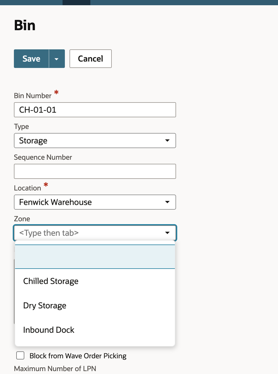 The New Bin form with Bin Number CH-01-01, Type Storage, Location Fenwick Warehouse and the Zone list open with Chilled Storage, Dry Storage and Inbound Dock.