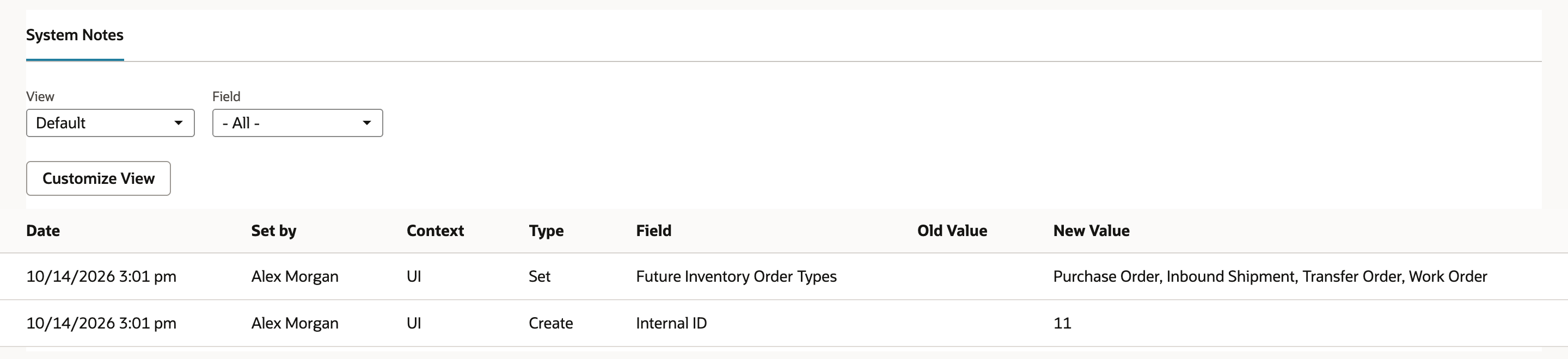 The System Notes subtab of the saved strategy with a Set row for Future Inventory Order Types whose New Value is Purchase Order, Inbound Shipment, Transfer Order, Work Order, and a Create row for Internal ID 11; the first New Value is marked by a red arrow.