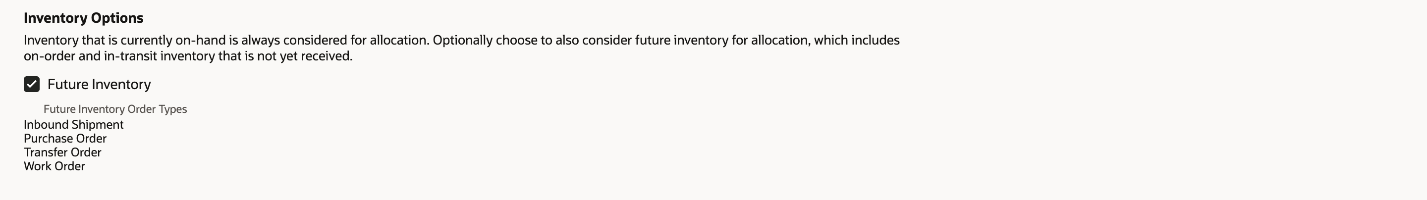 The saved strategy with Future Inventory checked and Future Inventory Order Types listing Inbound Shipment, Purchase Order, Transfer Order and Work Order; Inbound Shipment is marked by a red arrow.