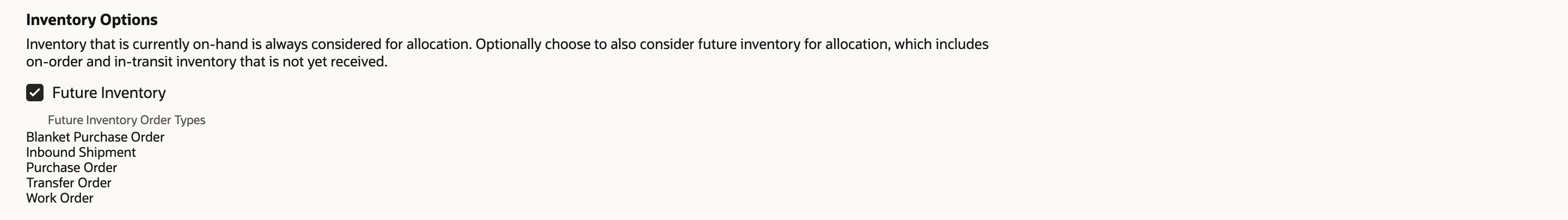 The view of ACAP-Available-Reserved with Future Inventory checked and Future Inventory Order Types listing Blanket Purchase Order, Inbound Shipment, Purchase Order, Transfer Order and Work Order; Blanket Purchase Order is marked by a red arrow.