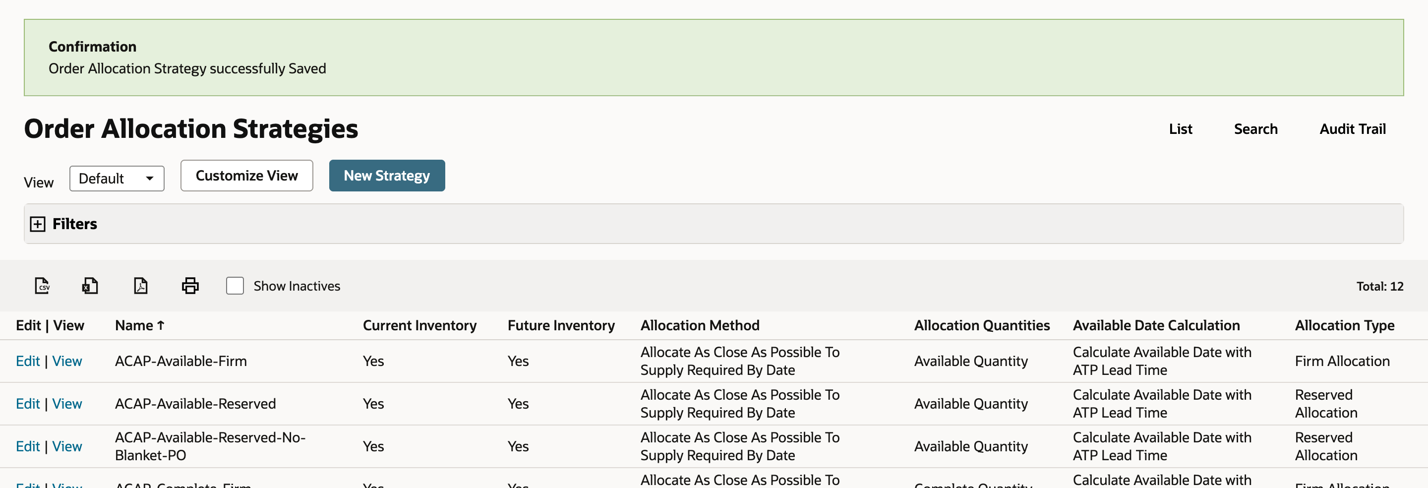 The Order Allocation Strategies list after saving, with the Confirmation Order Allocation Strategy successfully Saved, Total 12 and the new row ACAP-Available-Reserved-No-Blanket-PO marked by a red arrow.
