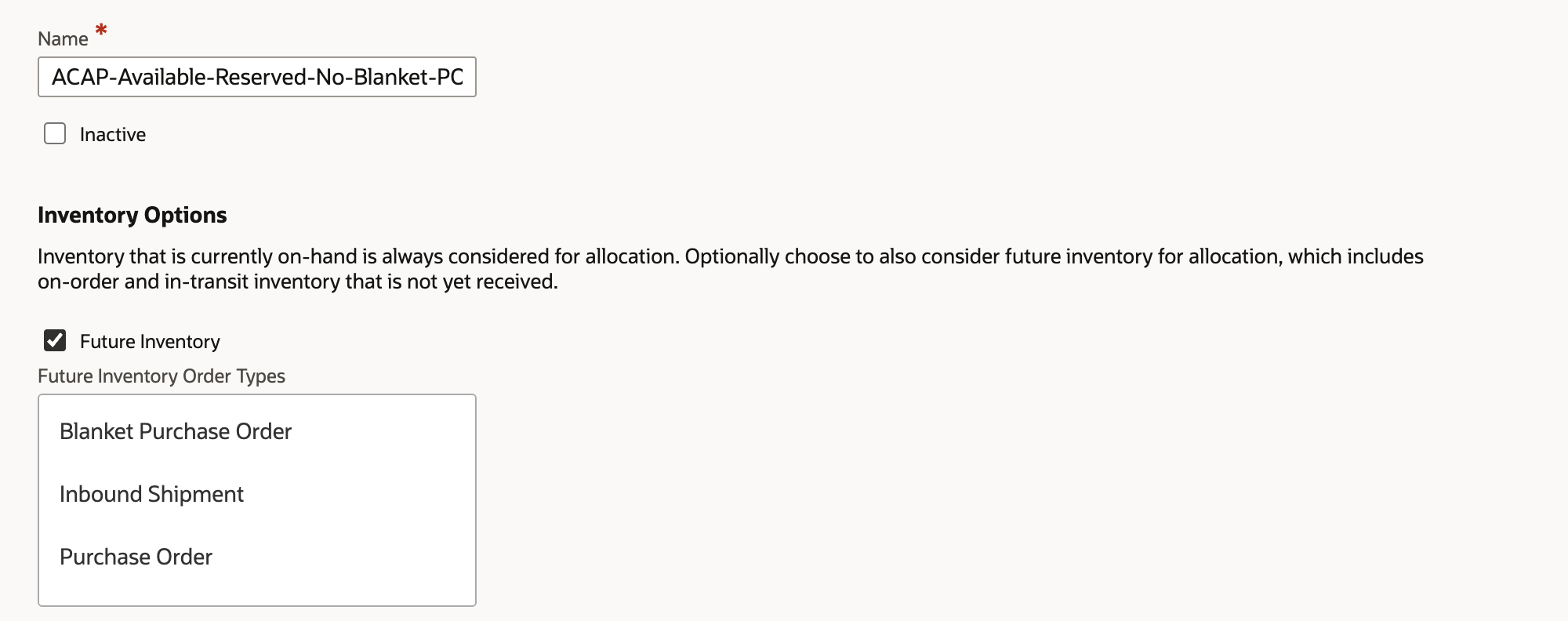 The new strategy form with a Name entered, Future Inventory checked and marked by a red arrow, and the Future Inventory Order Types list showing Blanket Purchase Order, Inbound Shipment and Purchase Order, none selected yet.