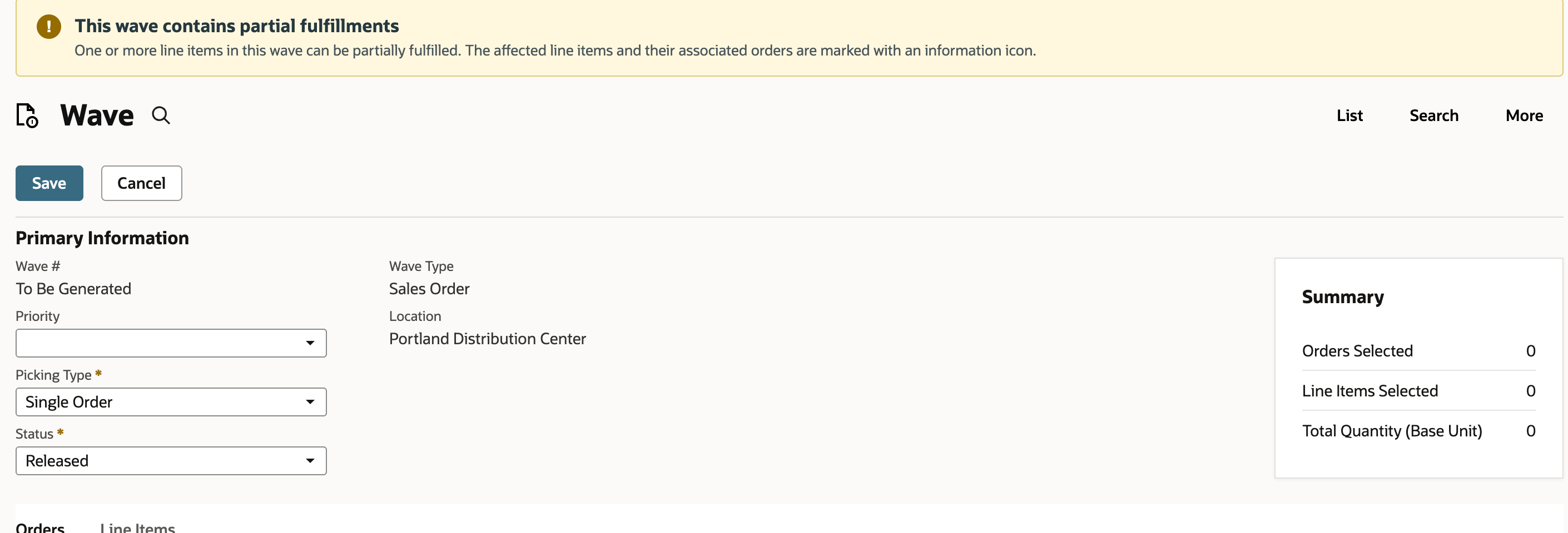 The draft wave displays a partial-fulfillment warning above the candidate Sales Orders.