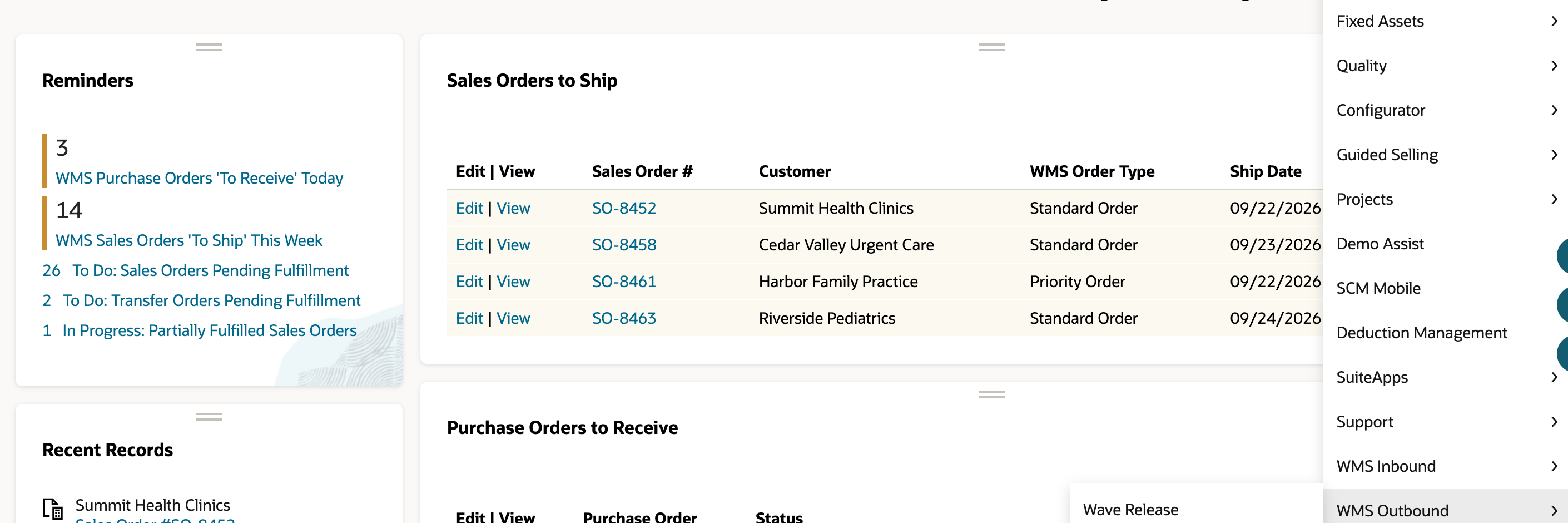 The WMS dashboard lists Sales Order SO-8452 for Summit Health Clinics in Sales Orders to Ship.