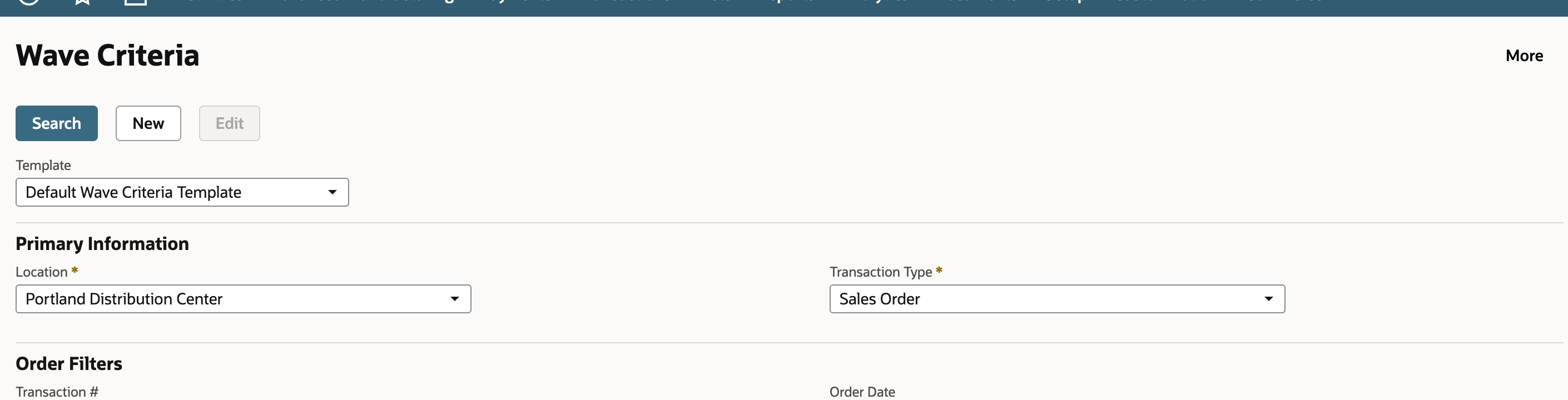 Wave Criteria shows the Default Wave Criteria Template, Portland Distribution Center, and Sales Order transaction type.