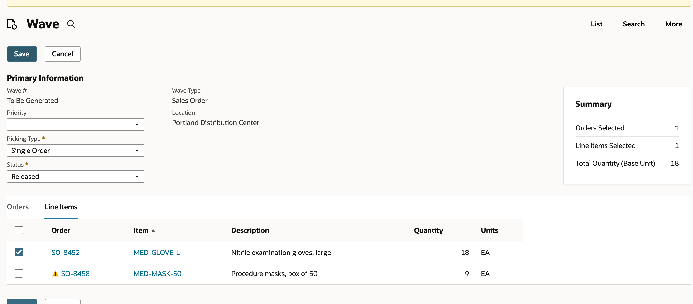 The draft wave shows Single Order and Released with the 18 EA SO-8452 line selected under Line Items.