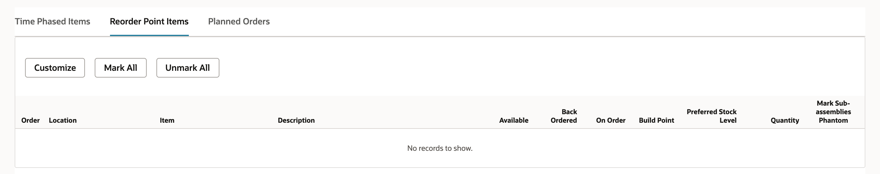 Reorder Point Items shows No records to show after the work orders were released.