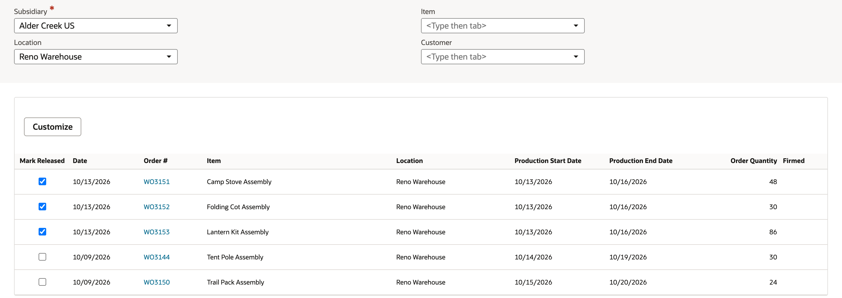 Mark Work Order Released with three new work orders ticked and two other Planned work orders left unticked.