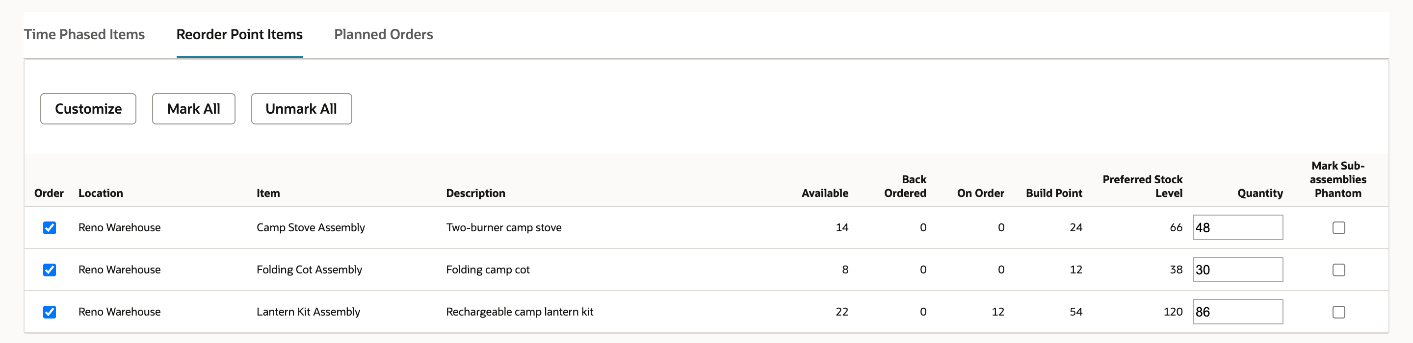 All three Order boxes are ticked and the Camp Stove Assembly quantity has been changed to 48.