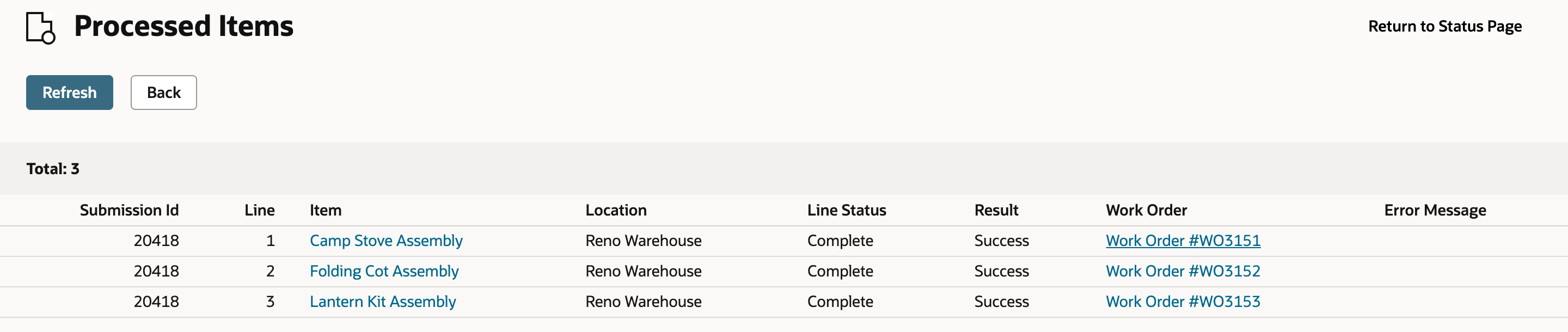 Processed Items lists three completed lines, each linked to a new work order.