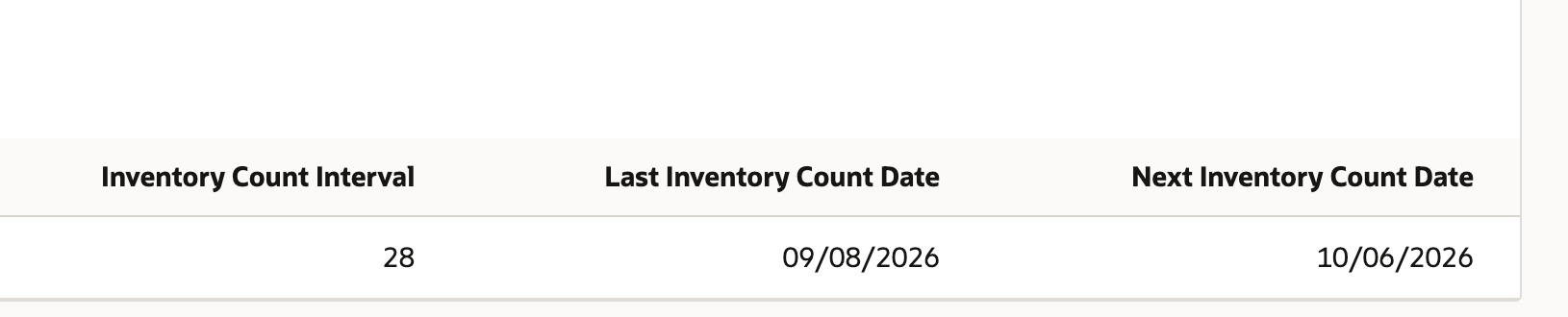 Rotor Assembly's North Warehouse row shows Inventory Count Interval 28, Last Inventory Count Date 09/08/2026 and Next Inventory Count Date 10/06/2026.
