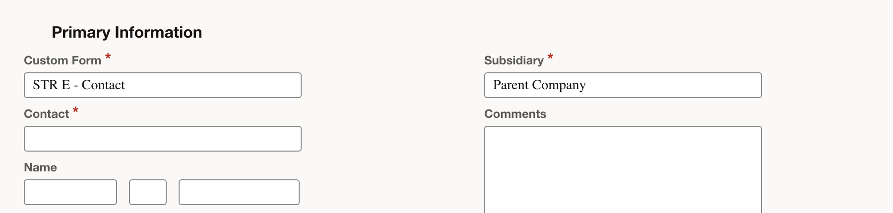 The new Contact form shows the subsidiary and Company field before details are entered.