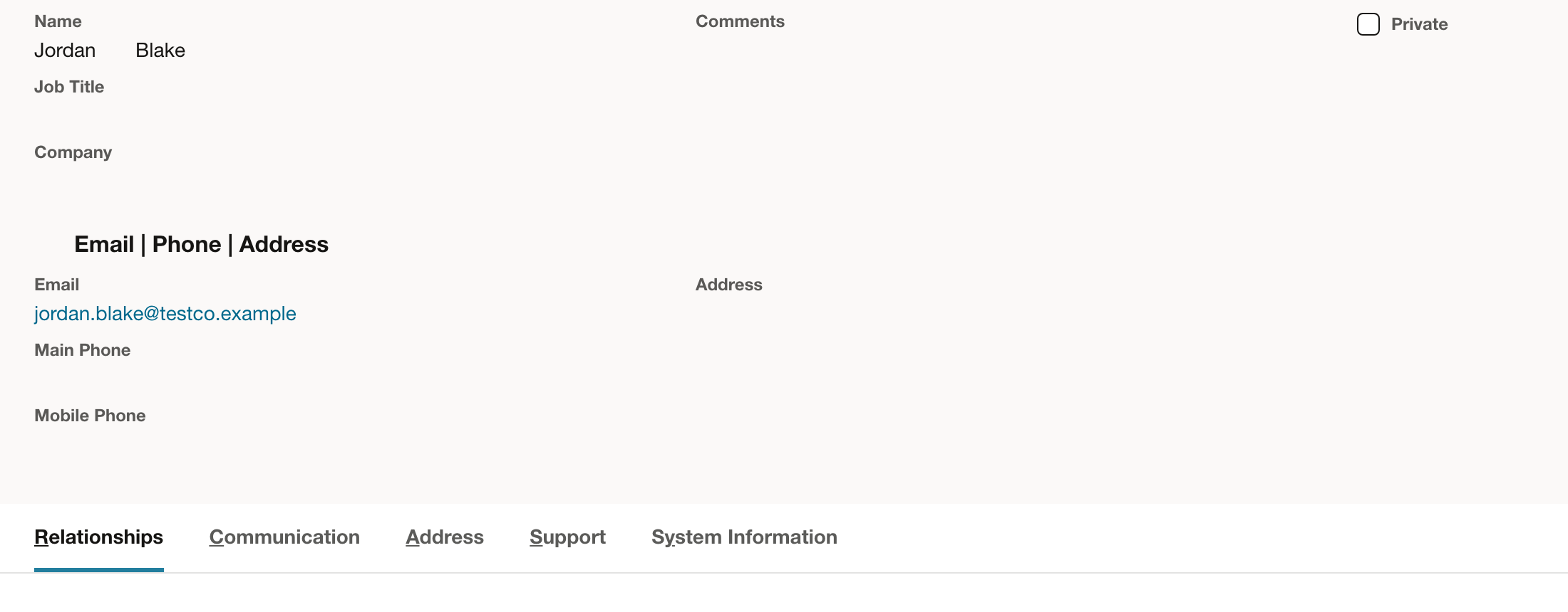The saved Contact retains Jordan Blake’s email address.