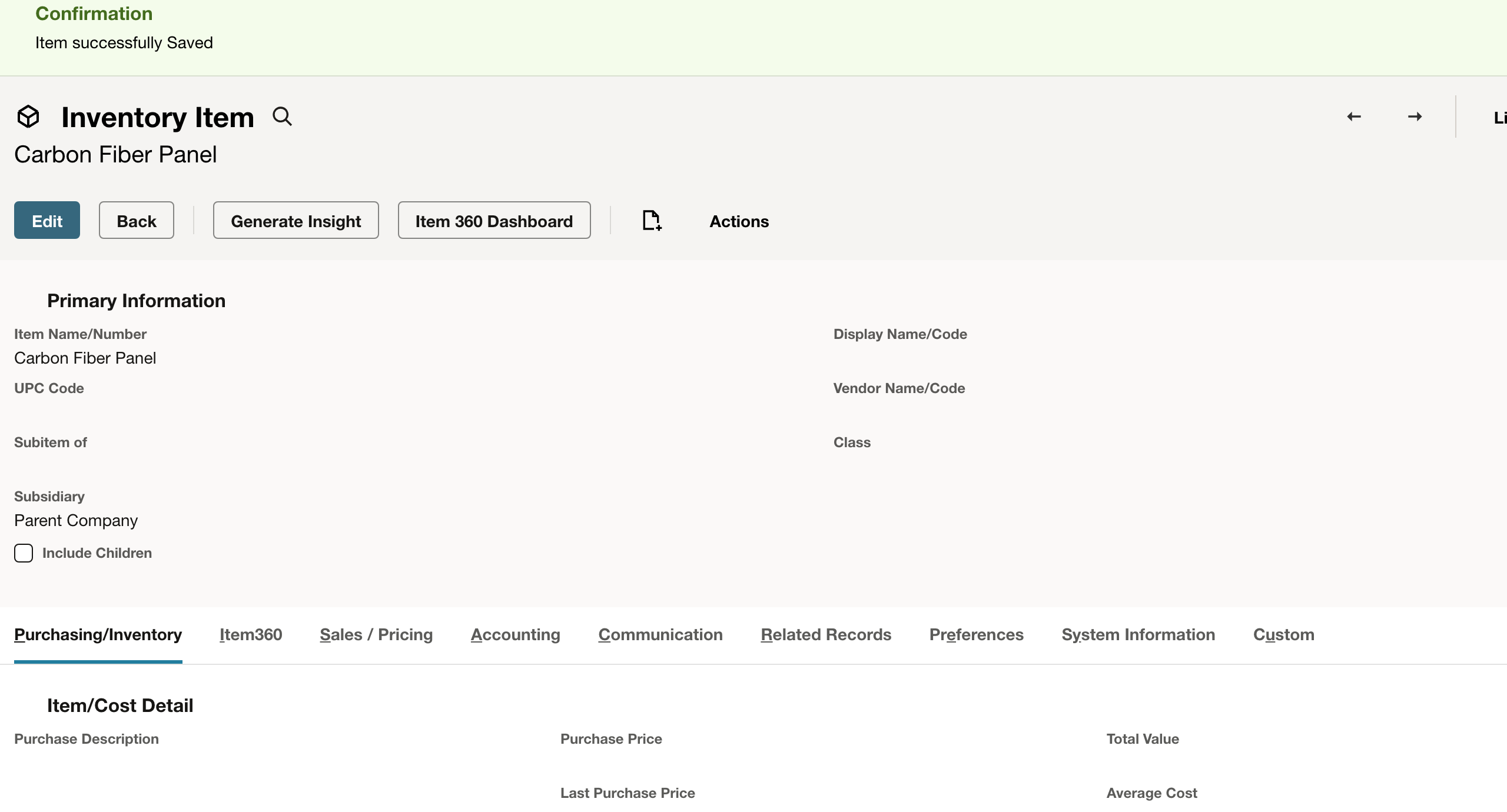 NetSuite: The saved record confirms the name and inventory item type.