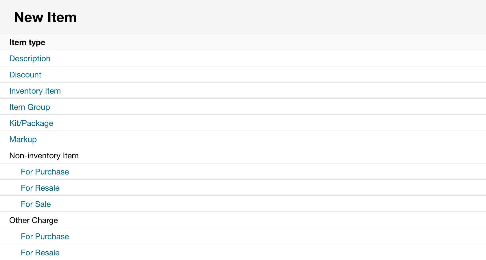 NetSuite: Choose the inventory item type before entering its details.