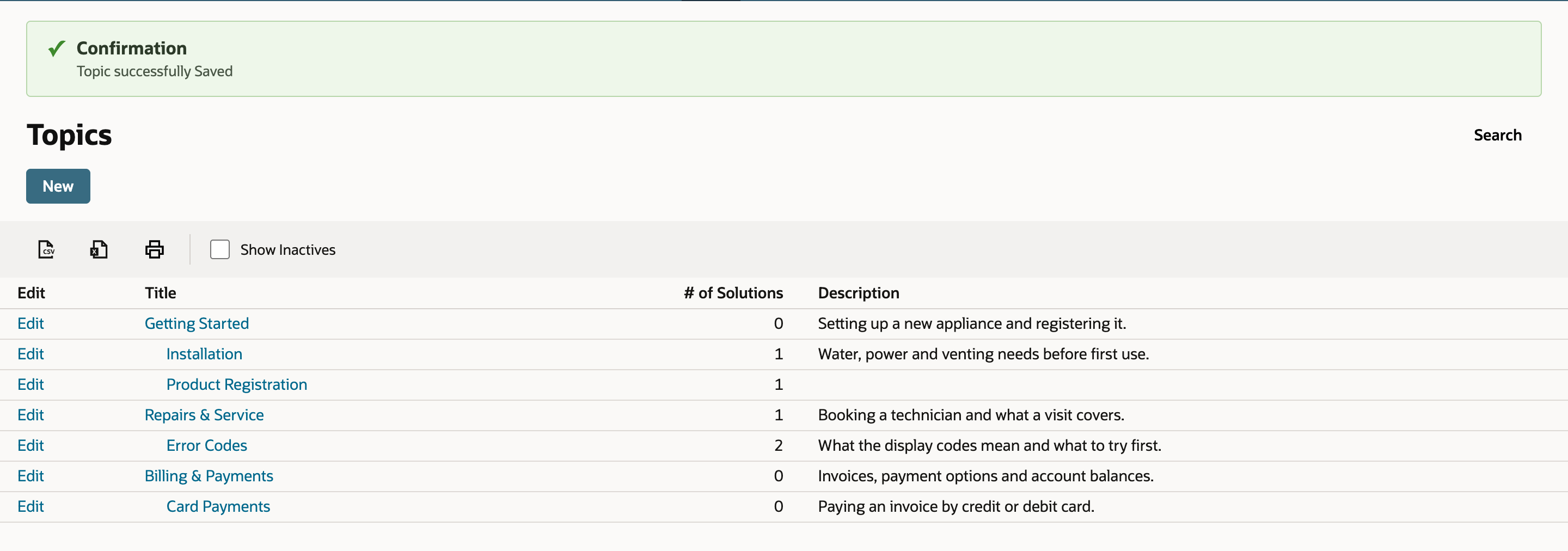Topics list with the confirmation Topic successfully Saved; Card Payments, 0 solutions, appears indented under Billing & Payments.