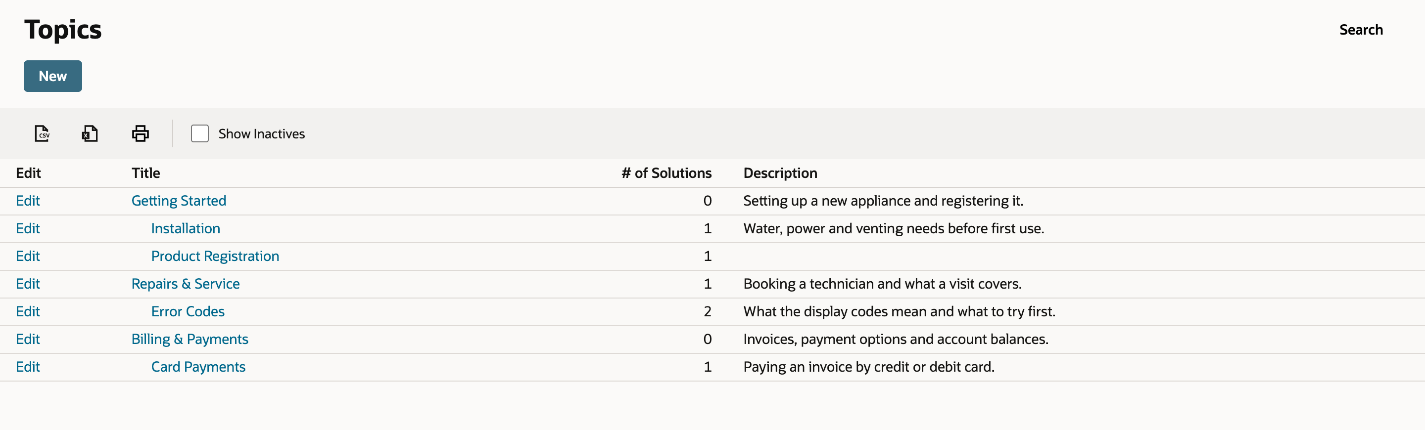 Topics list: Billing & Payments 0 solutions and its indented subtopic Card Payments 1 solution, below the earlier topics.