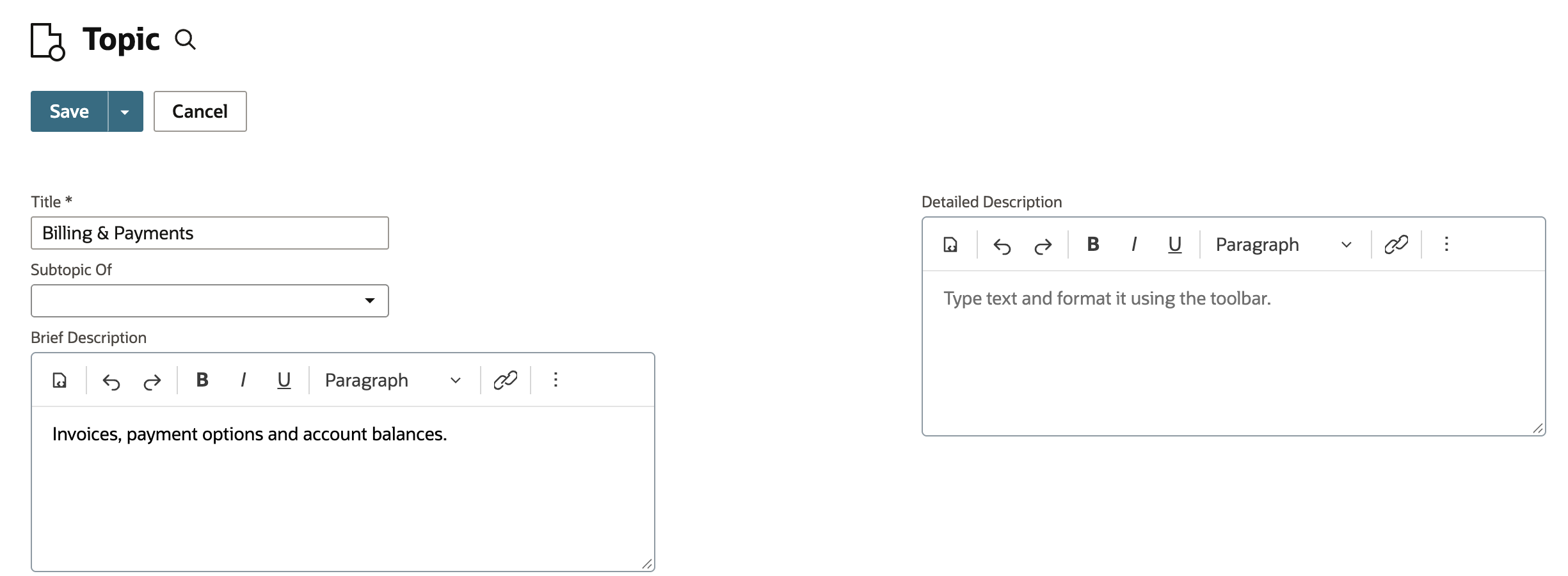 New Topic form: Title Billing & Payments, Subtopic Of blank, Brief Description Invoices, payment options and account balances, and an empty Detailed Description.