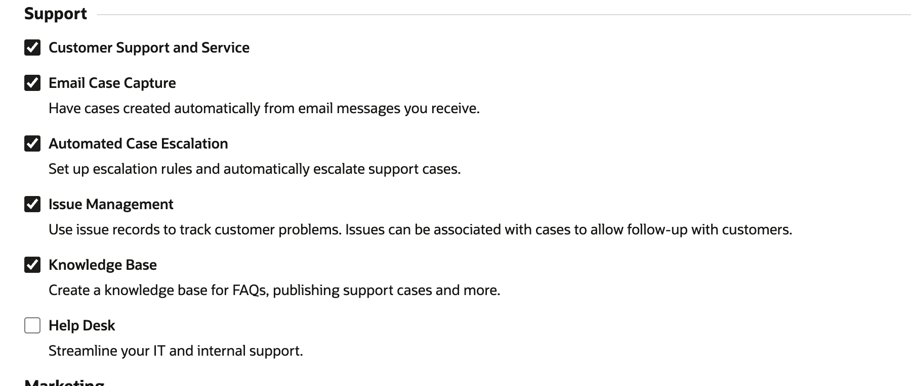 Enable Features CRM subtab, Support group: Customer Support and Service, Email Case Capture, Automated Case Escalation and Issue Management checked, Knowledge Base checked with the description Create a knowledge base for FAQs, publishing support cases and more, and Help Desk unchecked.