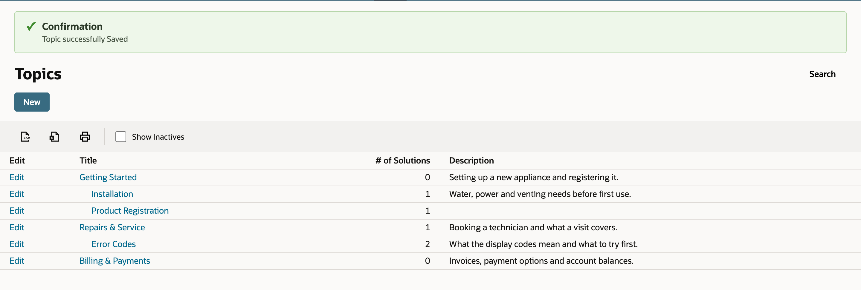 Topics list with the confirmation Topic successfully Saved and a new top-level row, Billing & Payments, 0 solutions, Invoices, payment options and account balances.