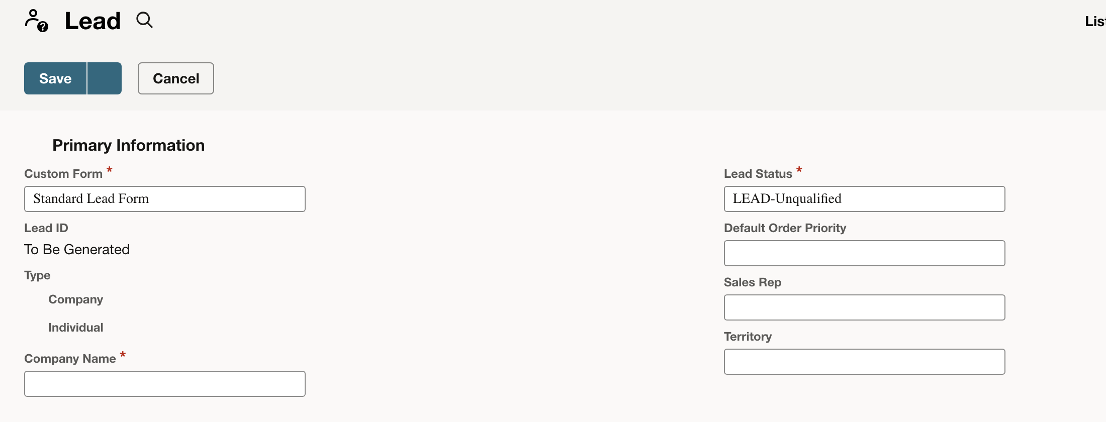 The new Lead form starts with the LEAD-Unqualified status.