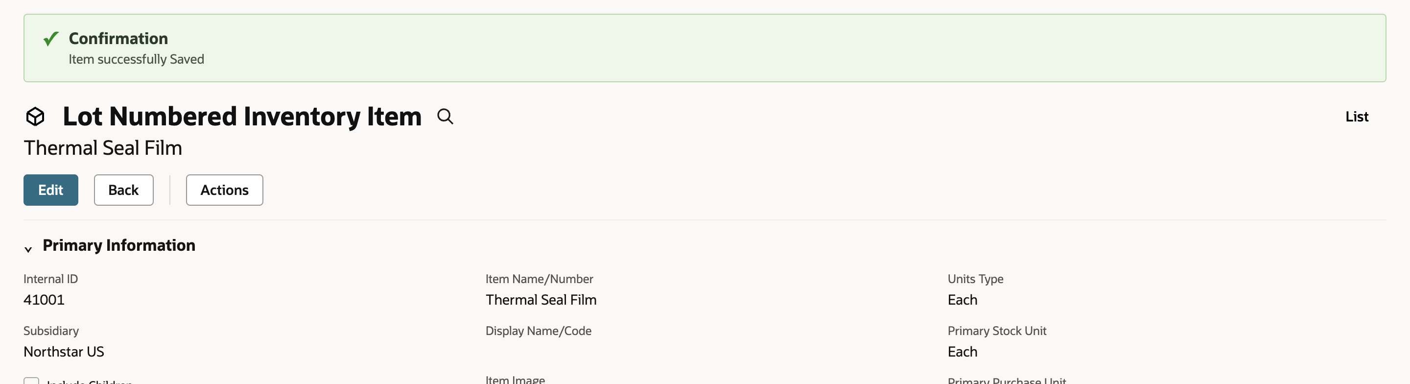 Saved record confirmation for Thermal Seal Film as a Lot Numbered Inventory Item.