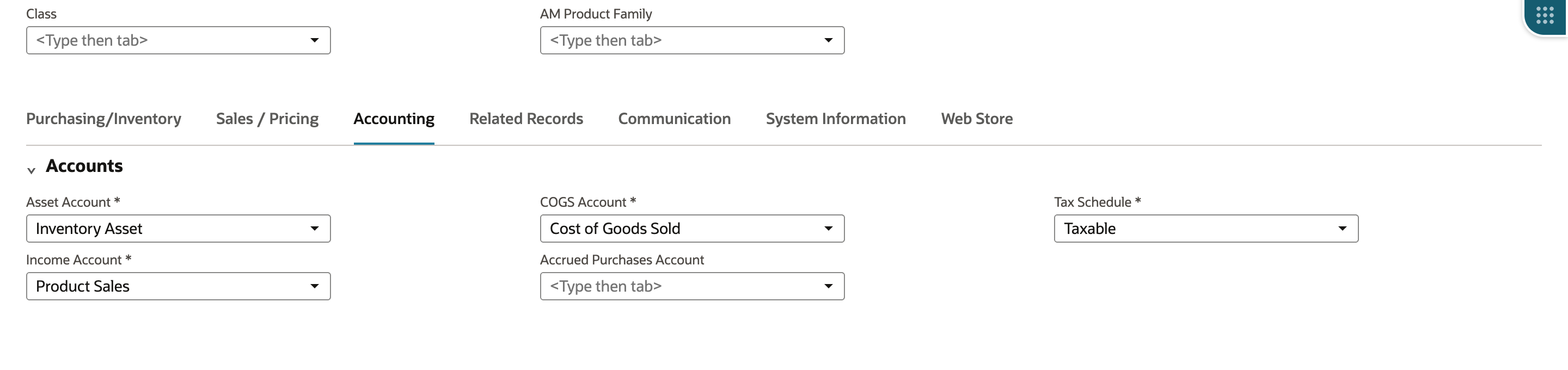 Accounting tab showing the Inventory Asset, Product Sales, and Cost of Goods Sold defaults.