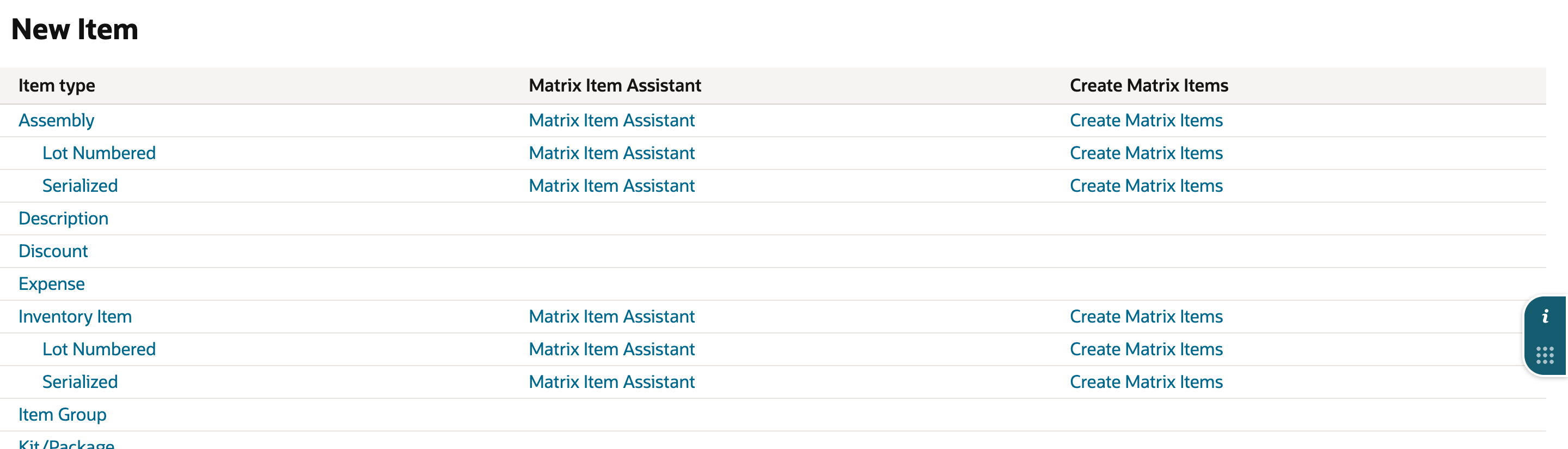 New Item type list with Lot Numbered under Inventory Item.
