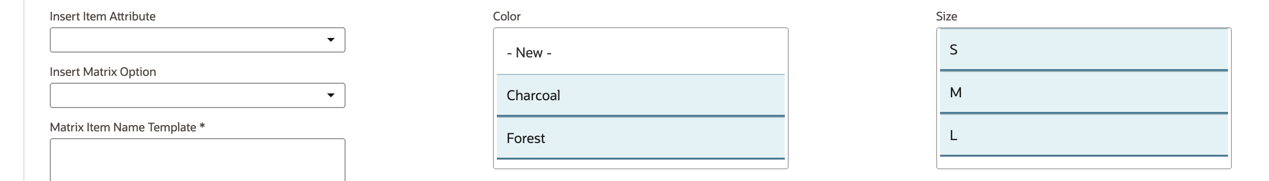 The Color box with Charcoal and Forest selected and the Size box with S, M and L selected. Selected values are filled light blue with a dark underline.