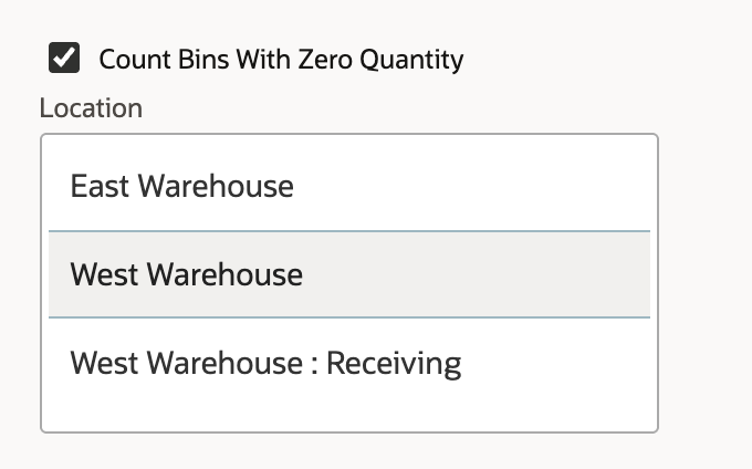 Count Bins With Zero Quantity checked and West Warehouse selected in the Location list
