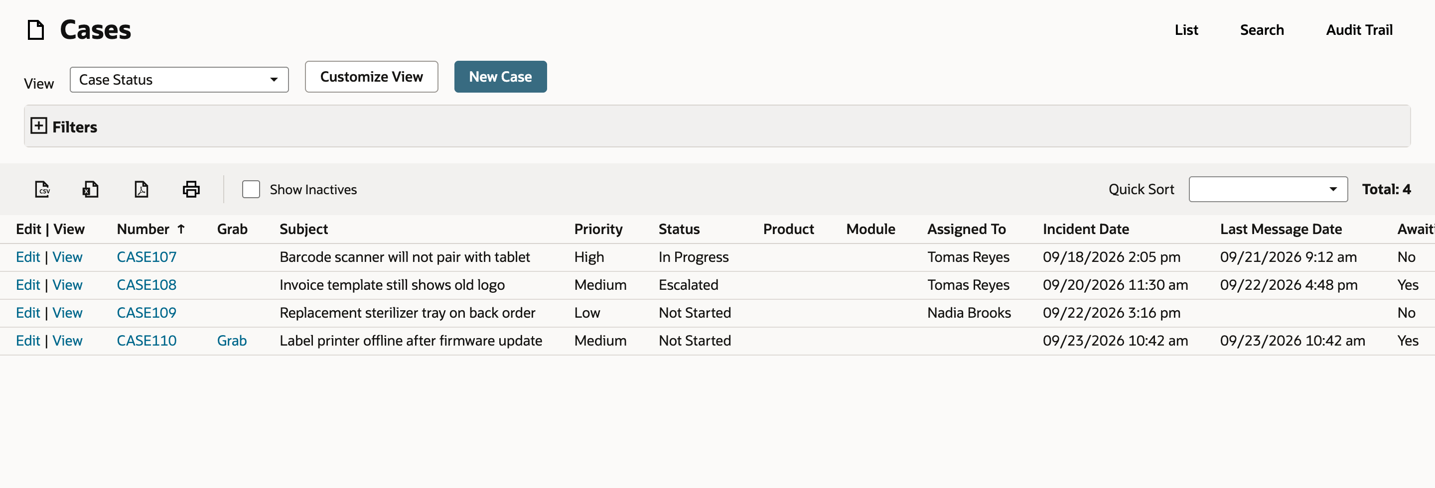 The Cases list with four cases. CASE110, Label printer offline after firmware update, is Medium, Not Started, with no one in Assigned To and a Grab link.