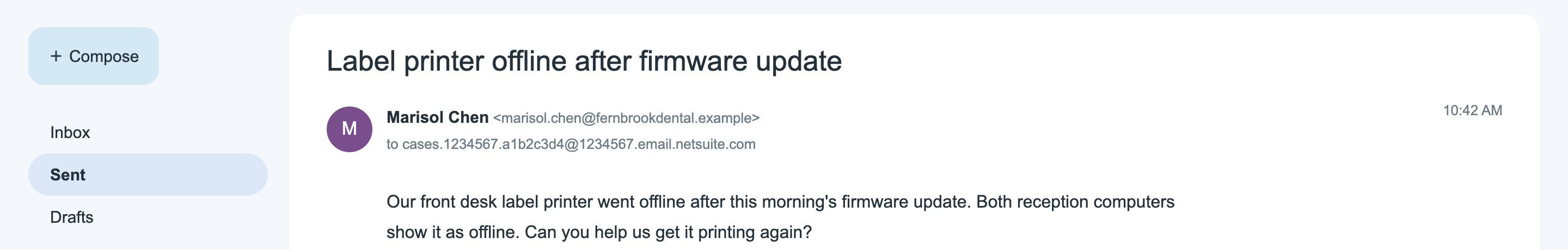 The sent message Label printer offline after firmware update, from Marisol Chen to cases.1234567.a1b2c3d4@1234567.email.netsuite.com.