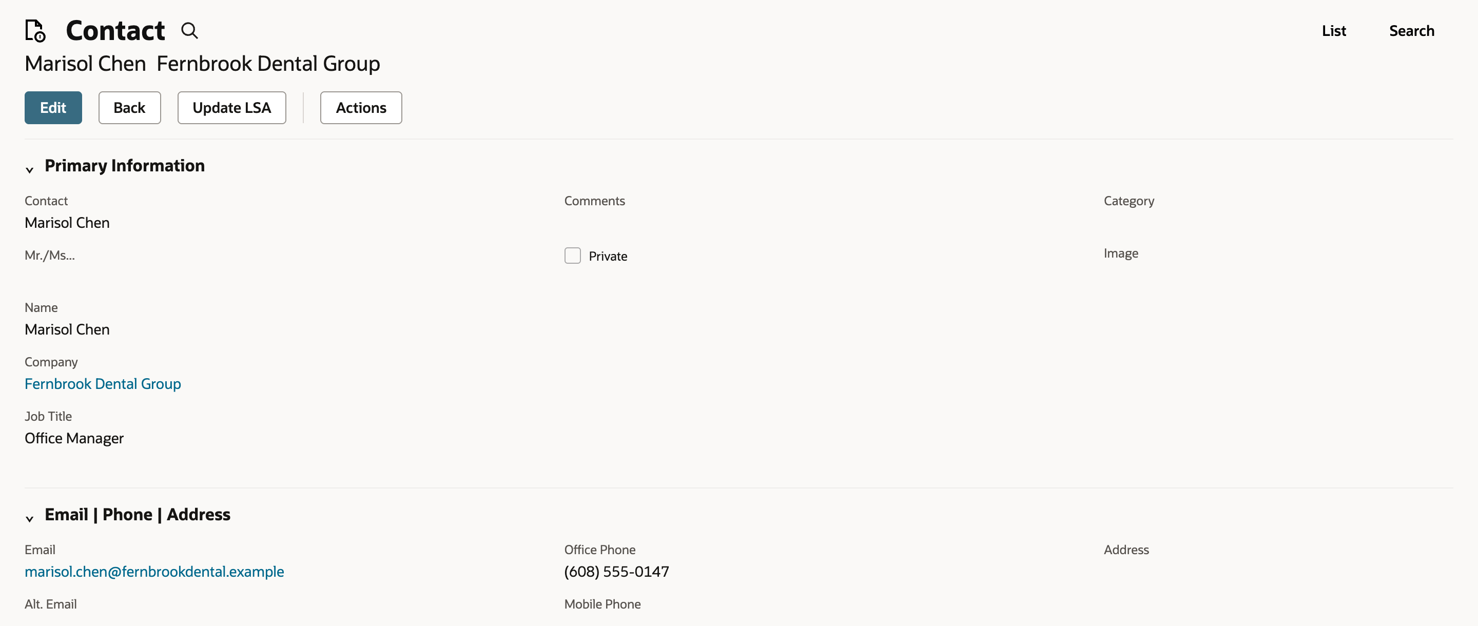 Contact record for Marisol Chen at Fernbrook Dental Group. Primary Information shows Company Fernbrook Dental Group and the Email | Phone | Address section shows Email marisol.chen@fernbrookdental.example.