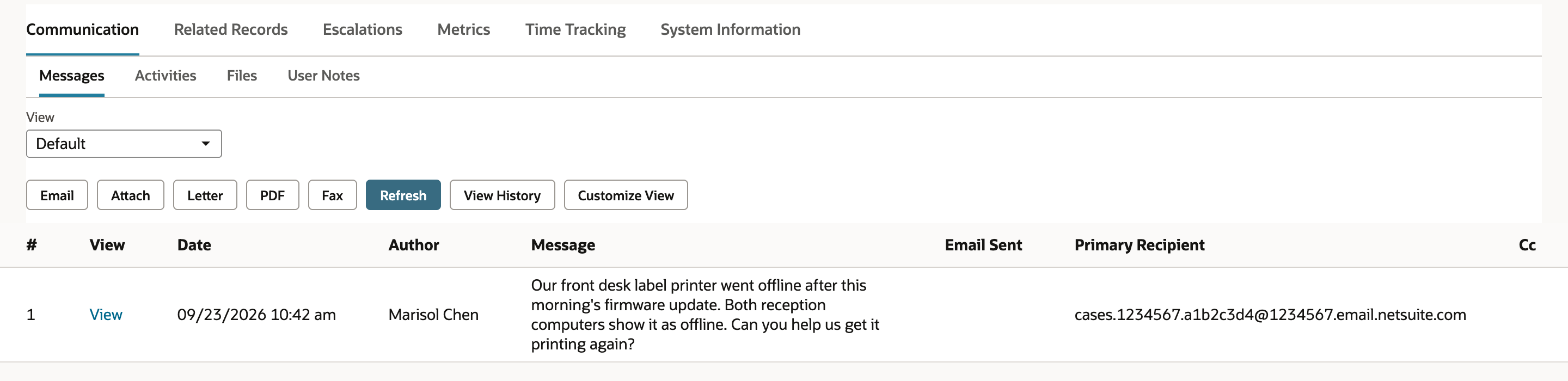 Communication subtab, Messages: one row dated 09/23/2026 10:42 am, Author Marisol Chen, her message about the offline label printer, Primary Recipient cases.1234567.a1b2c3d4@1234567.email.netsuite.com.