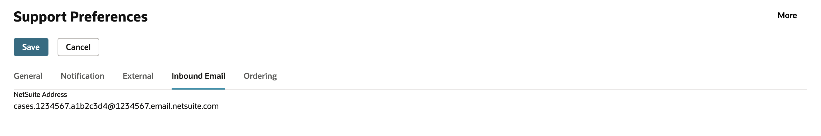 Support Preferences with the Inbound Email subtab open. The only field is NetSuite Address, cases.1234567.a1b2c3d4@1234567.email.netsuite.com.