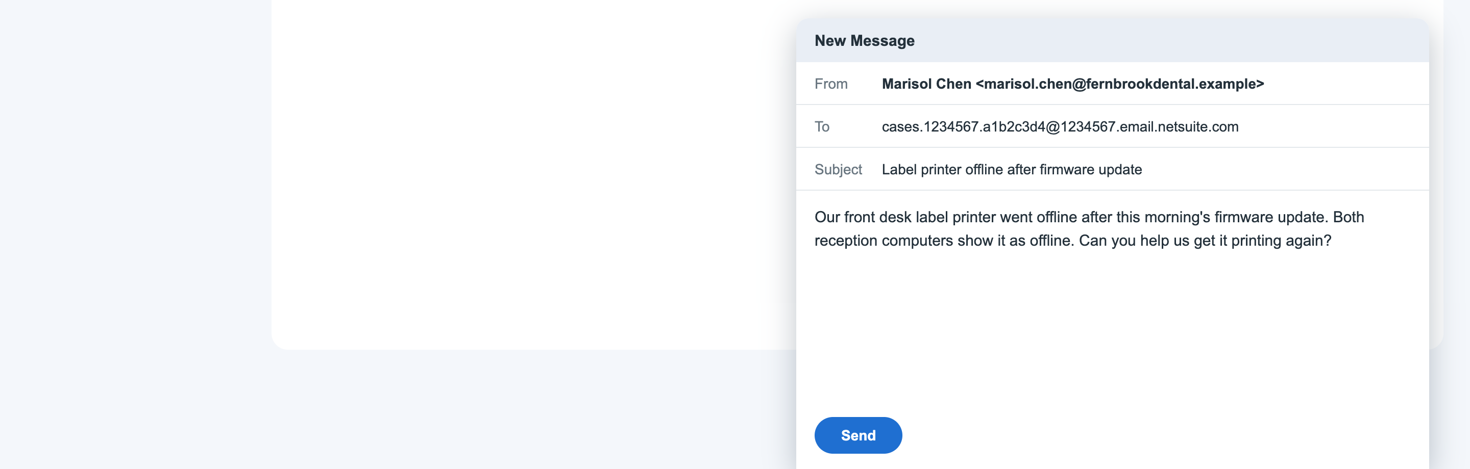 A mail compose window from Marisol Chen with To cases.1234567.a1b2c3d4@1234567.email.netsuite.com, Subject Label printer offline after firmware update, and the message about the offline label printer.