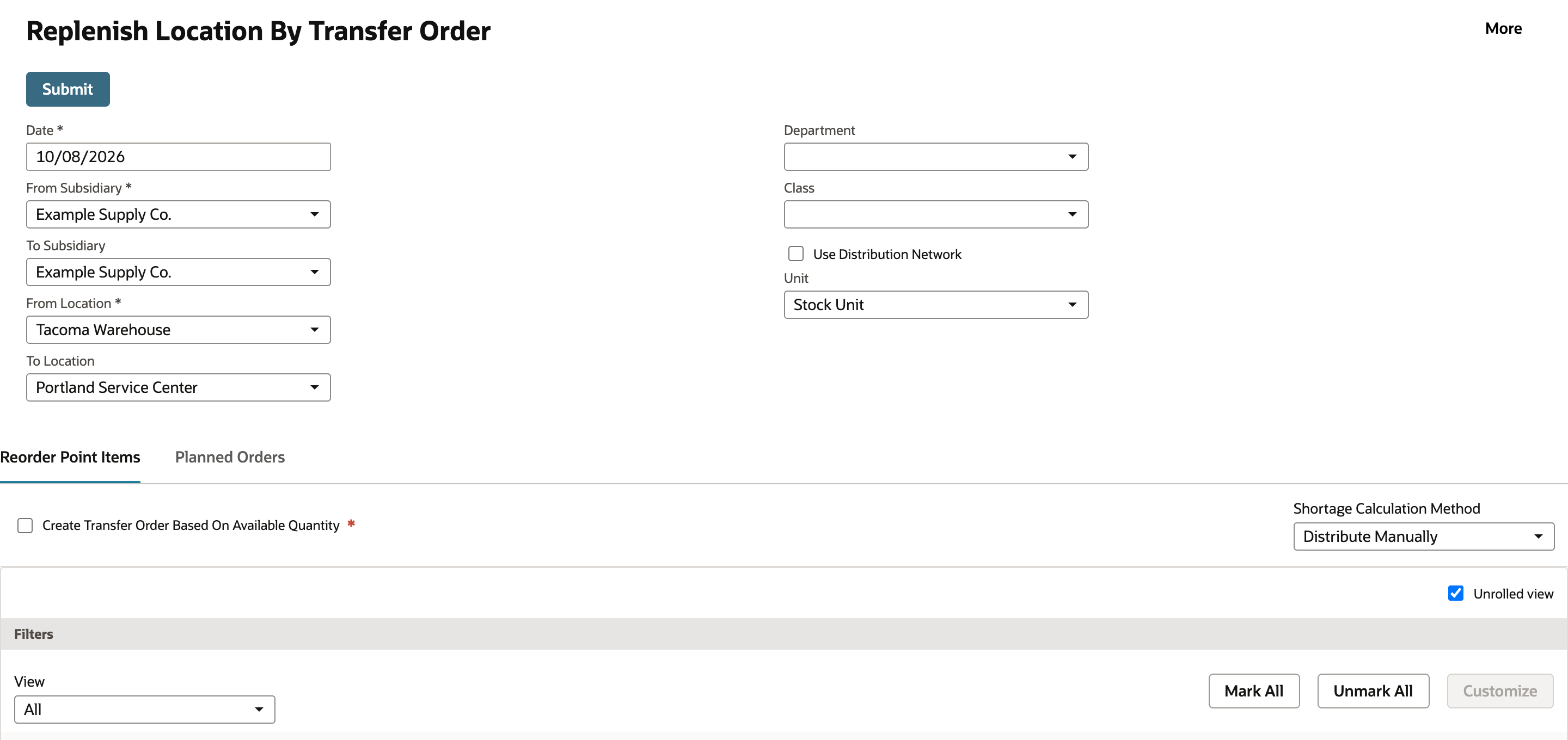 Initial replenishment worksheet with Tacoma Warehouse and Portland Service Center selected. Create Transfer Order Based on Available Quantity is unchecked, with Distribute Manually displayed as the current shortage method.