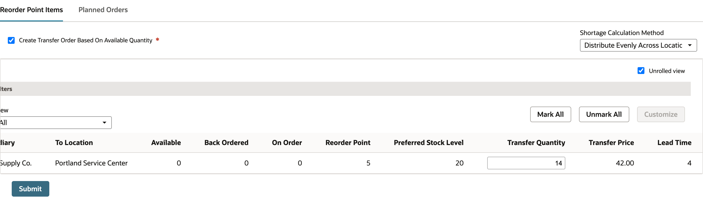 Selected row for Portland Service Center with Transfer Quantity 14 Ea and Transfer Price 42.00.